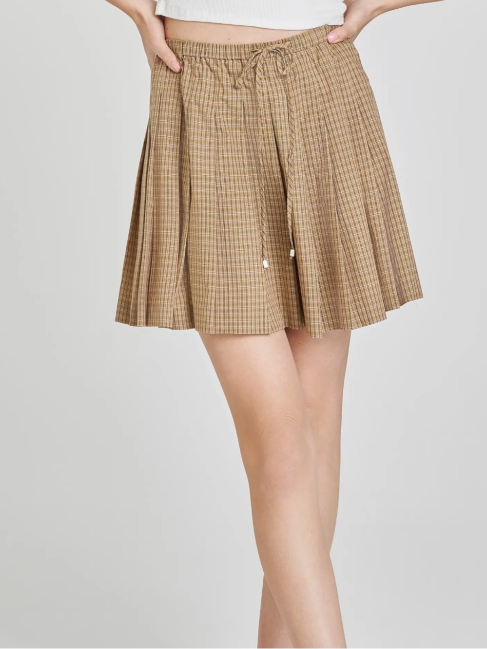 Wayf Sarah Plaid Cotton Drawstring Miniskirt